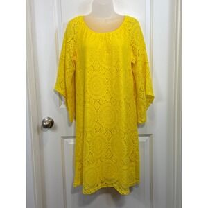 Tacera Yellow Medallion Lace Bell Sleeve Shift Dress Womens Medium Boho Retro M